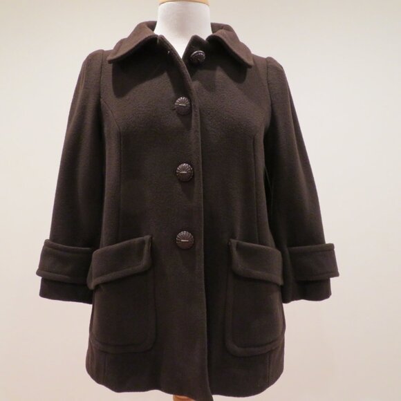 Women Medium Brown Wool Blend Coat Zara Basic Short Structured Invert Box Pleats - Picture 4 of 16